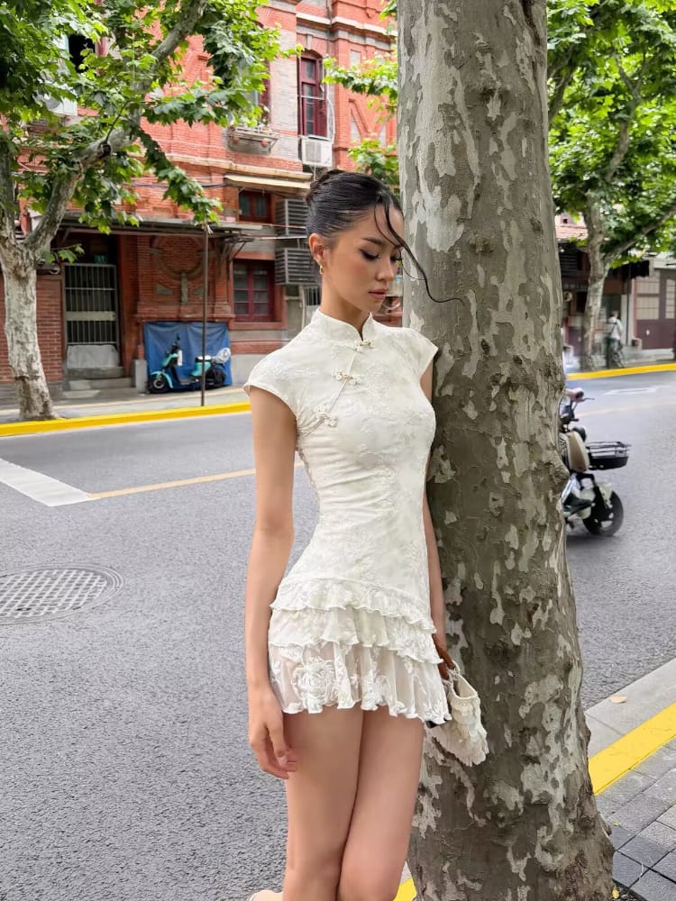 Luna Floral Mini Cheongsam with Lace Ruffle Hem