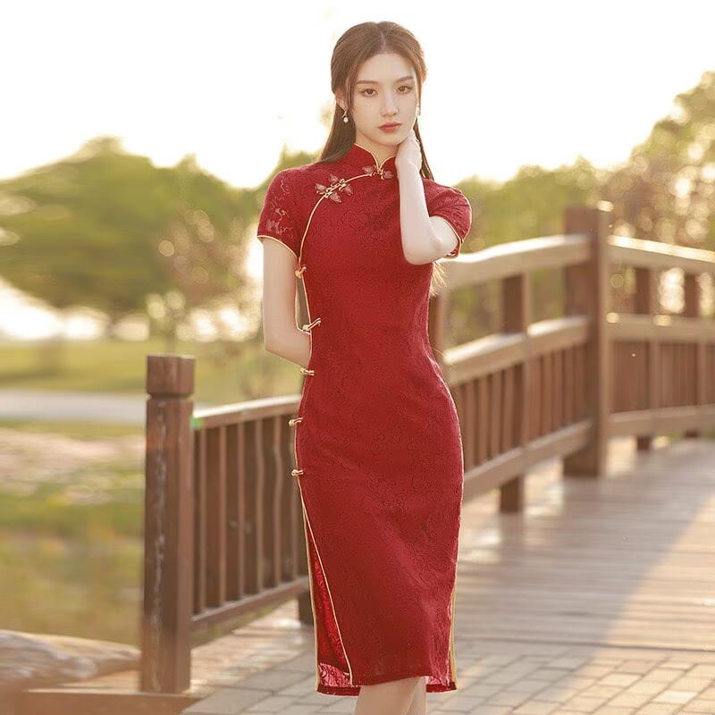 Ivy Red Lace Midi Cheongsam Dress