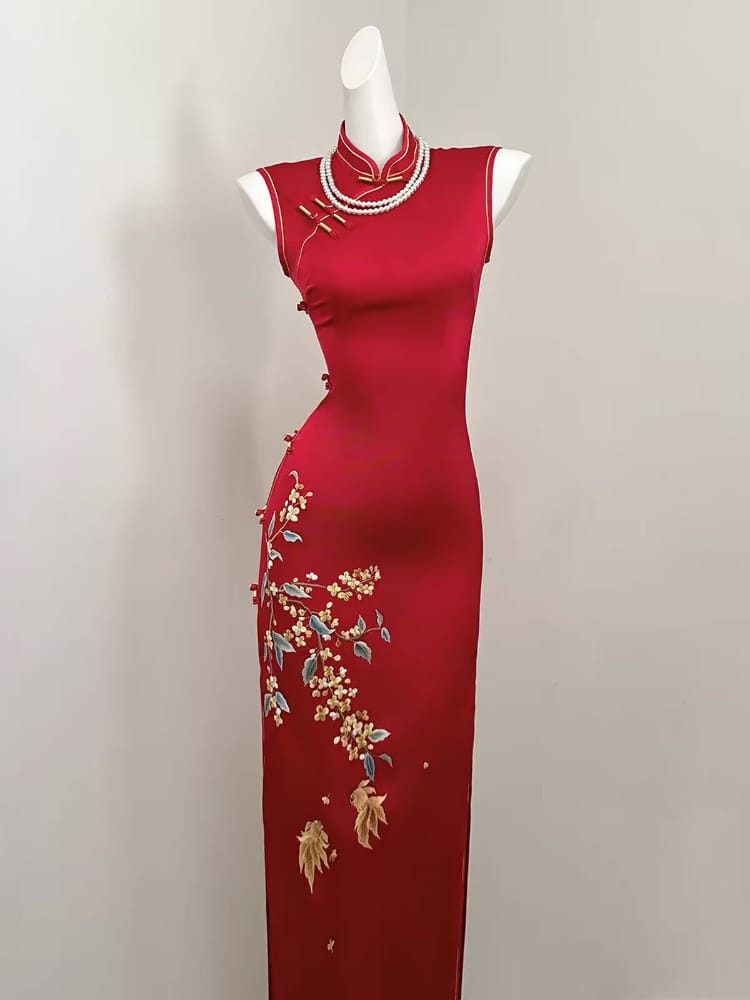 Joanne Red Koi Fish & Floral Embroidery Midi Cheongsam