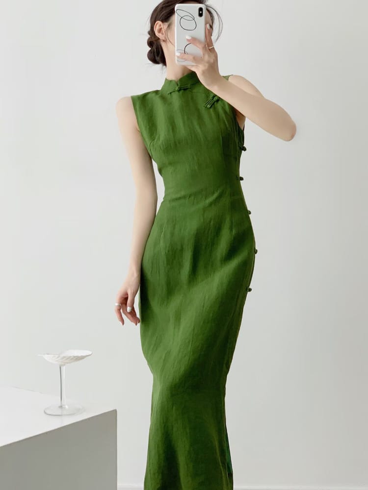 Hazel Sleeveless Linen Midi casual Cheongsam