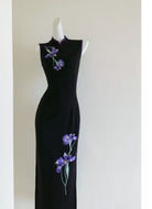 Anita Sleeveless Midi Cheongsam with Purple Iris Embroidery