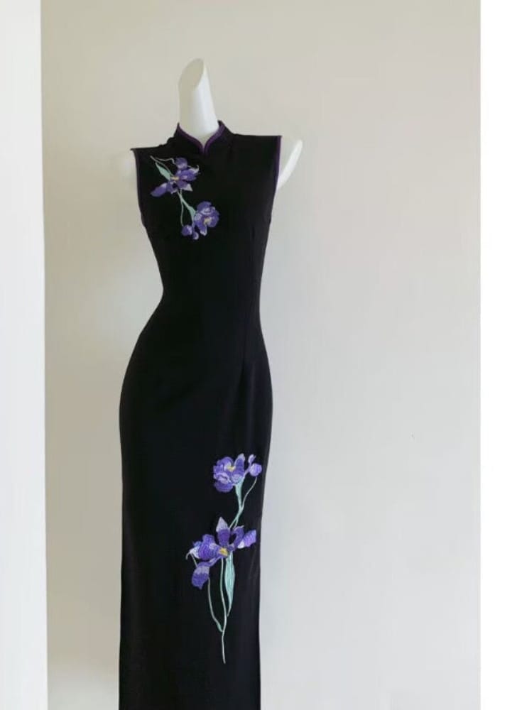 Anita Sleeveless Midi Cheongsam with Purple Iris Embroidery