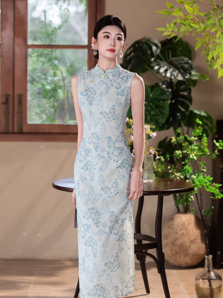 Chloe Cotton Linen Fabric Long Sleeveless Cheongsam with Blue Butterfly Print