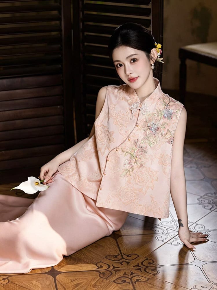 Anna Floral Embroidery Satin Cheongsam Two-Piece Set