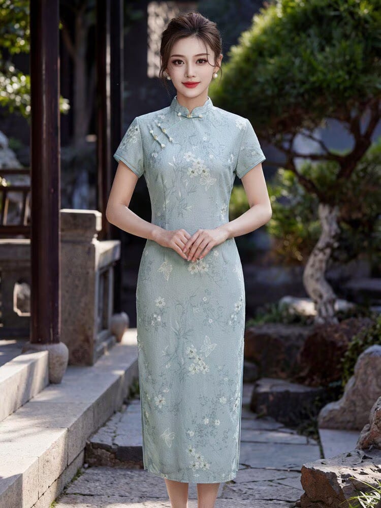 Chloe Floral Ramie Fabric Midi Cheongsam