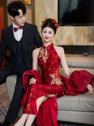 Premium Red Bridal Cheongsam with Puff Sleeve Shawl | Bespoke Qipao