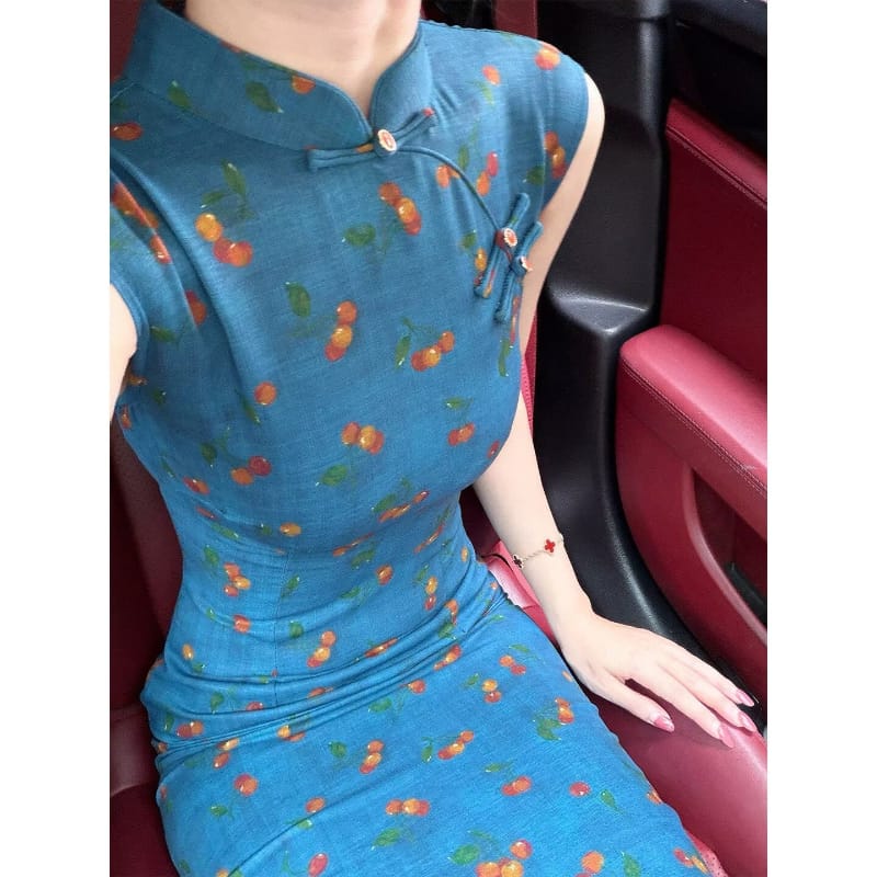Luna Cherry Print Sleeveless Blue Midi Cheongsam