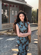 Ellen Blue Leaf & Floral Print Long Cheongsam