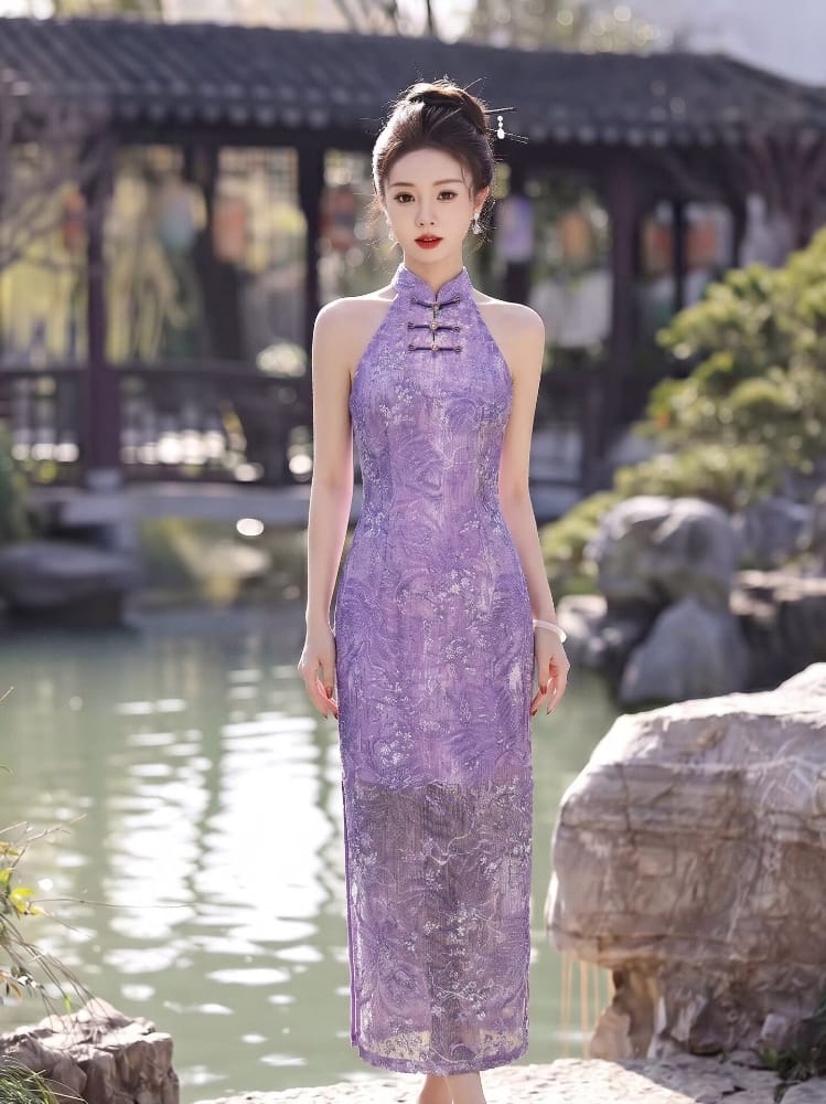 Iris Purple Floral Jacquard Cotton Halter Cheongsam