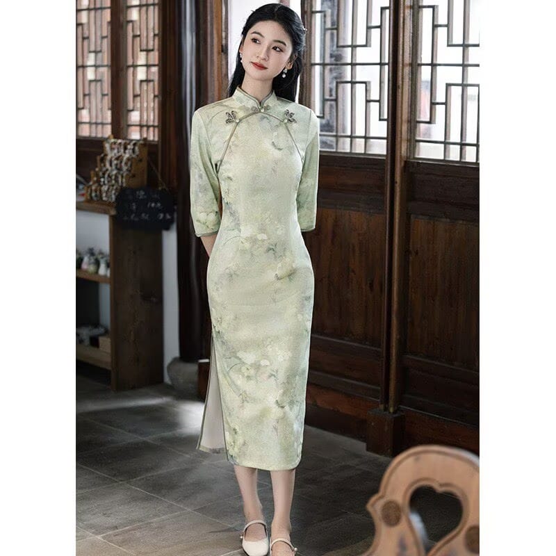 Luna Watercolor Floral Jacquard Satin Midi Cheongsam