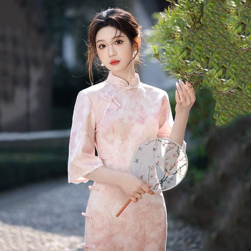 Katie Pink Watercolor Wash Print Satin Cheongsam