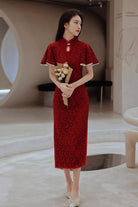 Butterfly pattern, lace mid-length Qipao with lotus leaf sleeves