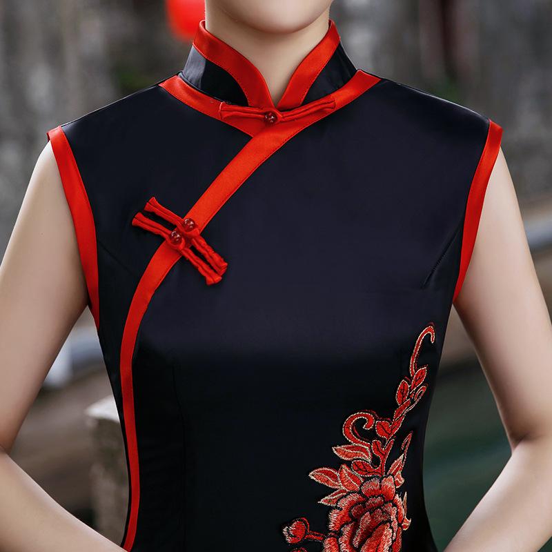 Hellen Floral Embroidery Satin Long Qipao
