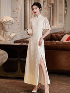 Modern style, lace wedding Qipao with lotus leaf sleeves