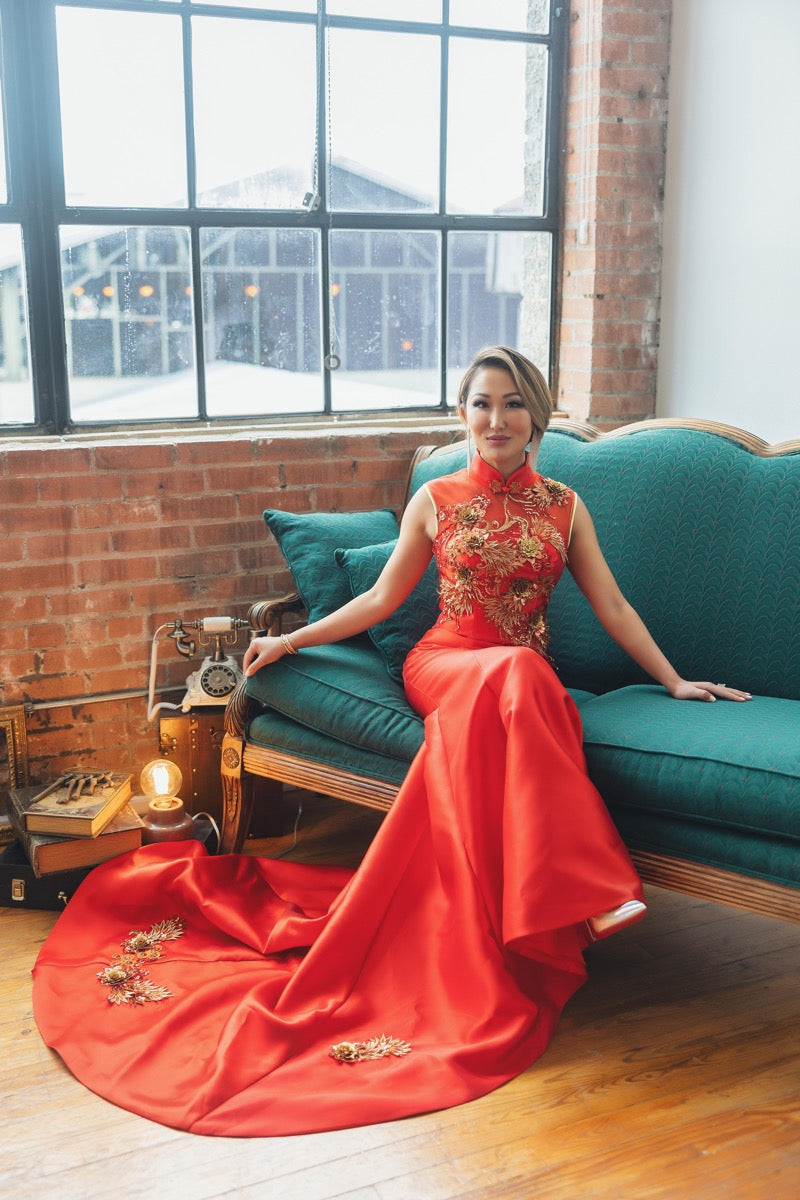Mrs.Tiffany - Floral Sequined, red fishtail Qipao