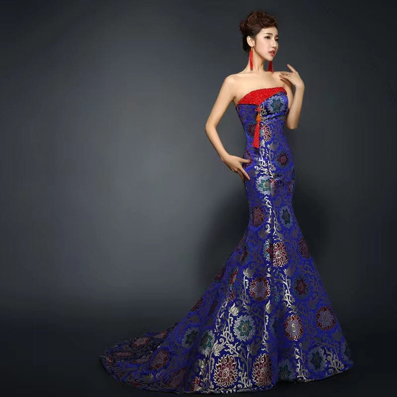 Floral Embroidery Tube Top Brocade Fishtail Qipao | Bespoke Cheongsam