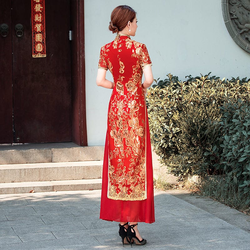 Aslinhanfu Summer and fall collection, long Ao dai with short sleeves