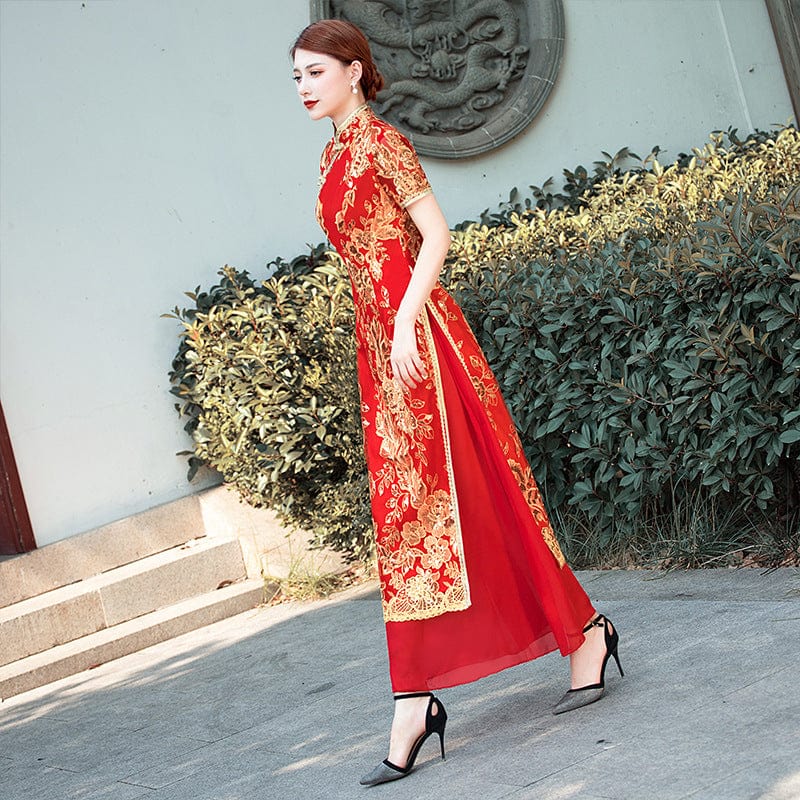 Gold floral pattern, long Ao dai with short sleeves