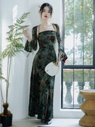 New Chinese style (新中式), floral pattern, green midi Qipao set