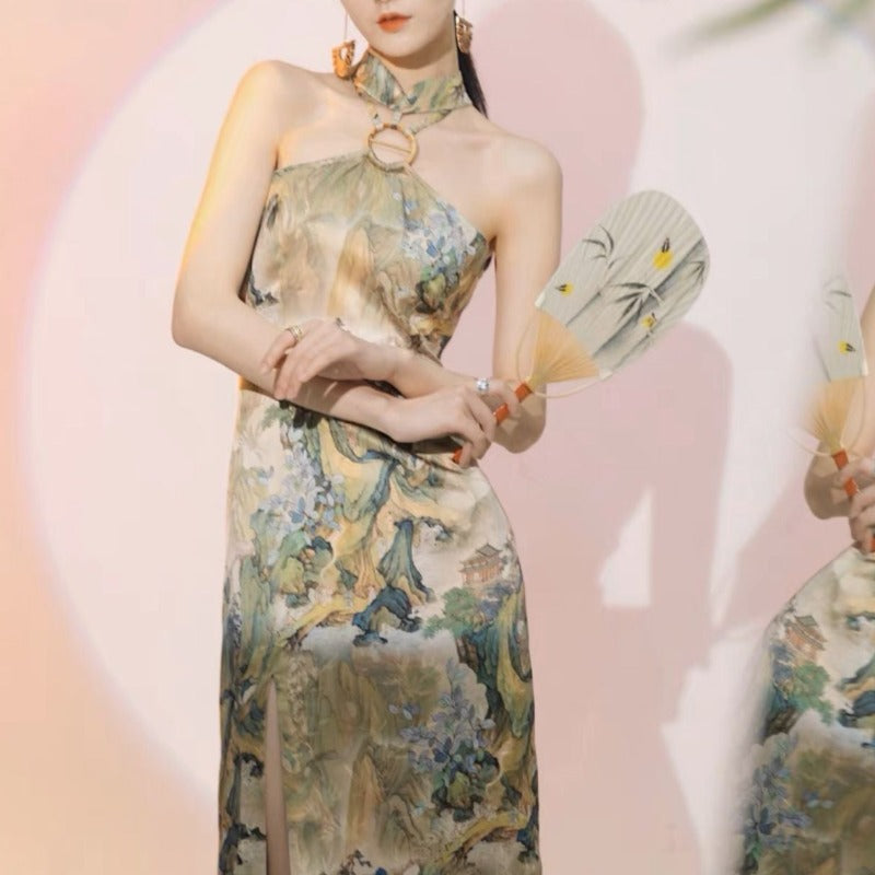 New Chinese style ( 新中式 ), artificial silk midi Qipao