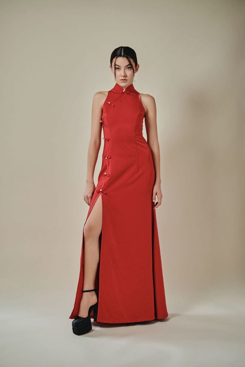 Exclusive designer collection,  sleeveless satin floor length Qipao