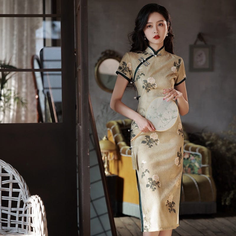 Floral pattern, jacquard fabric midi Qipao