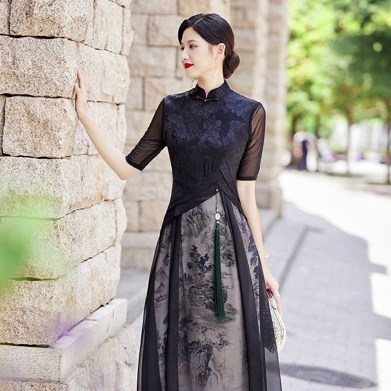 Chinese water painting pattern, long A-line Cheongsam