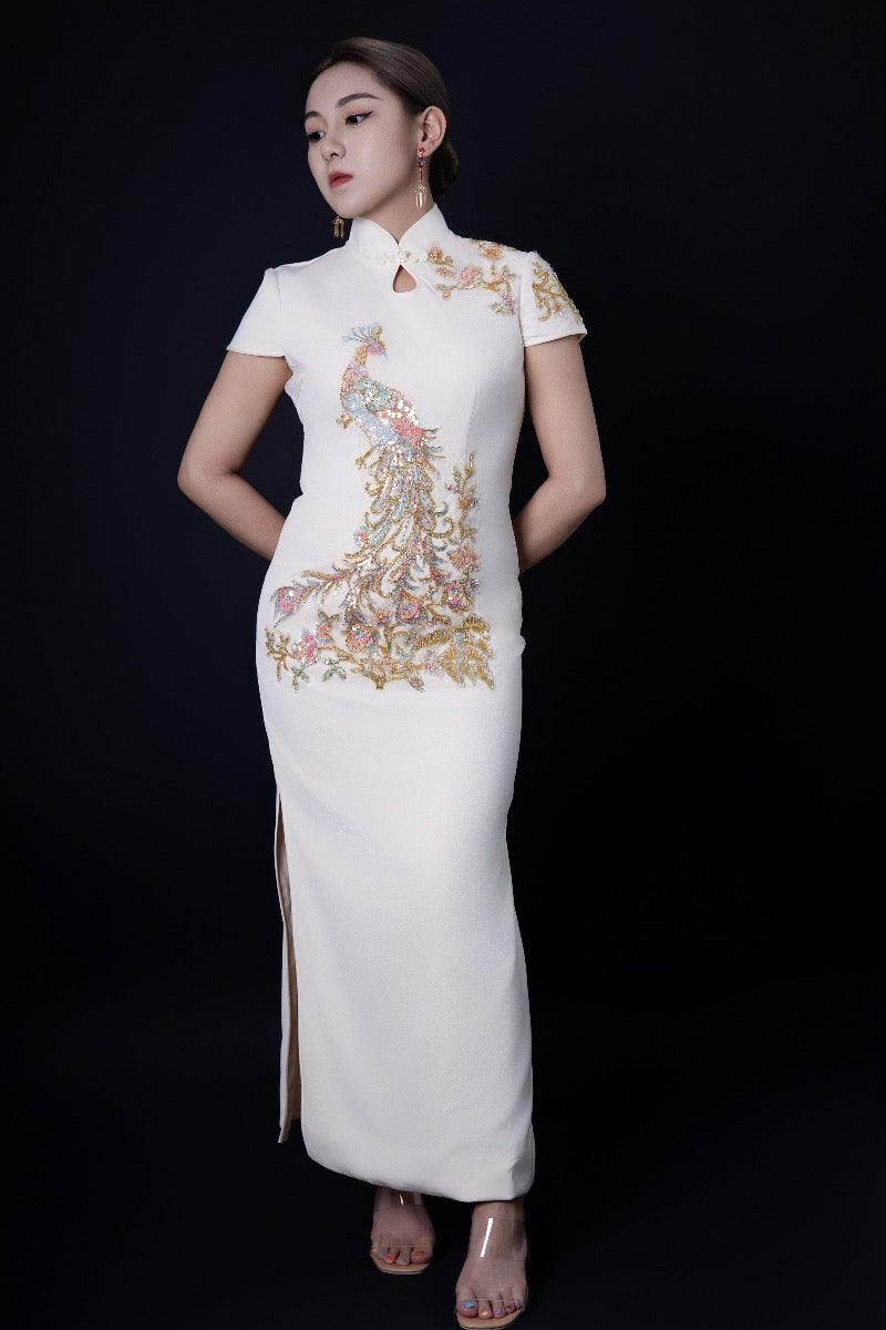 Exclusive designer collection, Peacock embroidery, champagne long Qipao