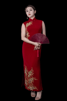 Exclusive designer collection, gold floral long red Qipao