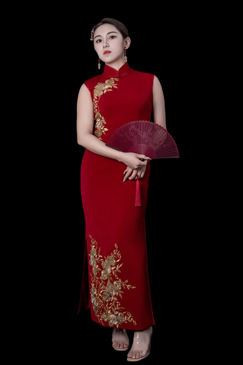 Exclusive designer collection, gold floral long red Qipao