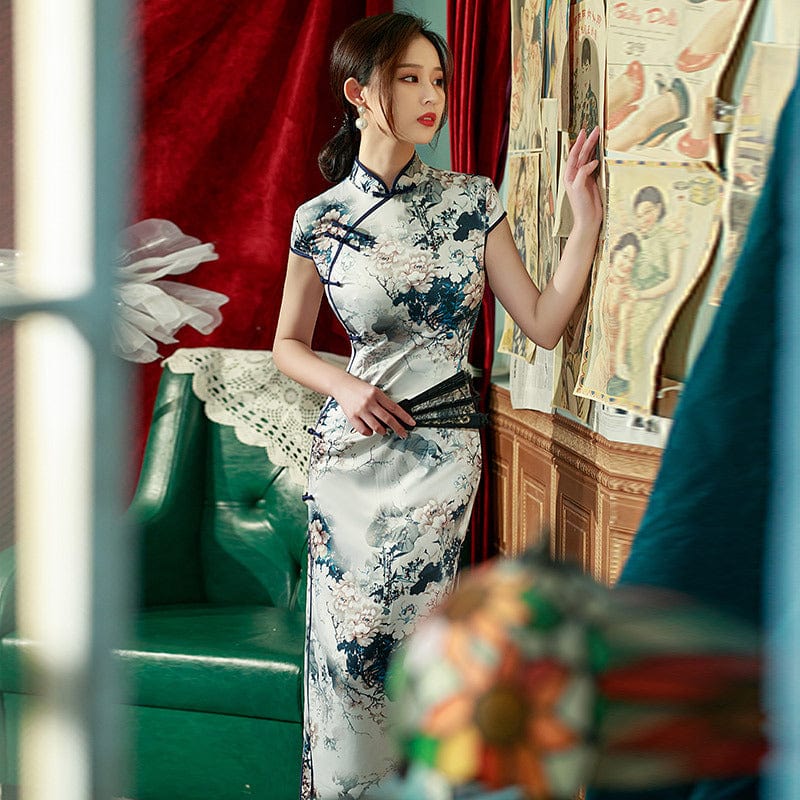 Floral pattern silk long Cheongsam