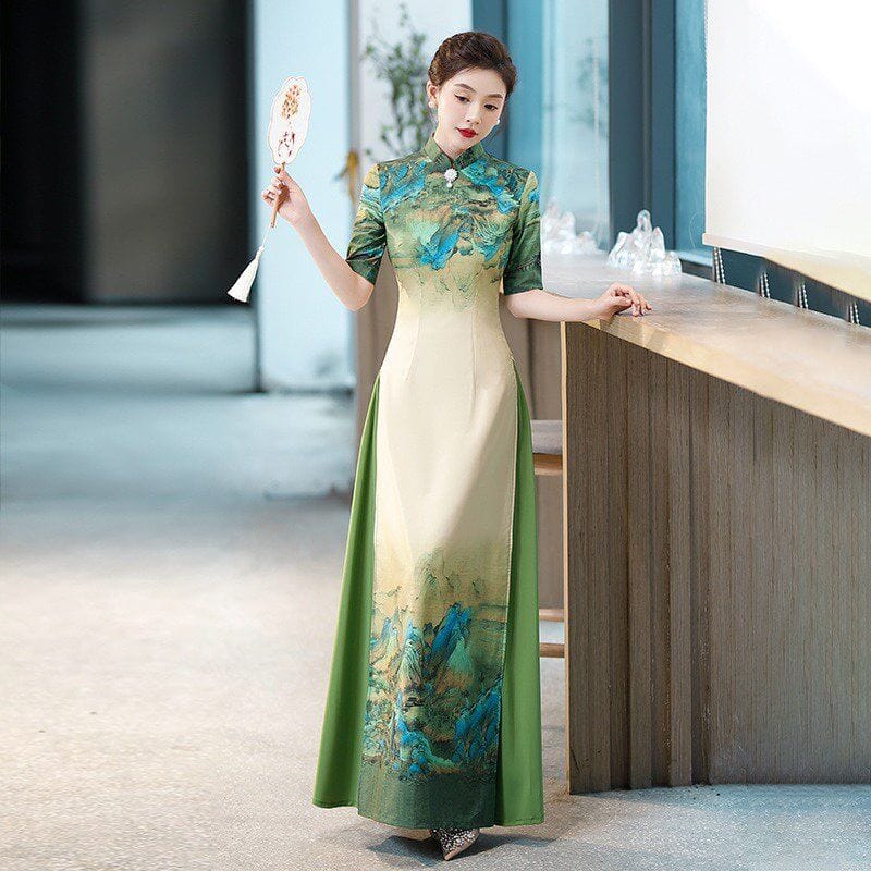 Thousand Miles of Mountains and Rivers pattern, silk satin, plus size long Ao dai