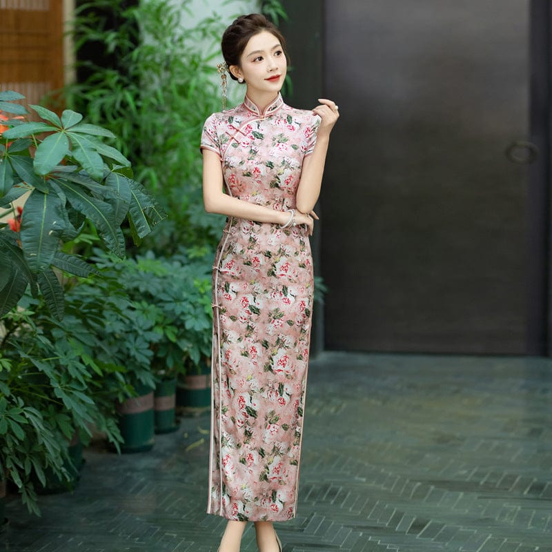 Floral print, 19 mome mulberry silk, high-end long Cheongsam