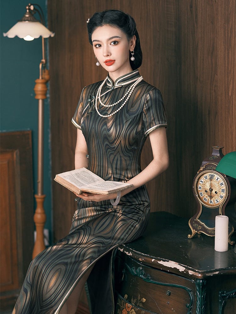 Stripe pattern, 19 mome mulberry silk, high-end long Cheongsam