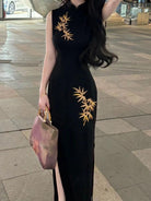 New Chinese style (新中式), gold bamboo leaf pattern, long Cheongsam