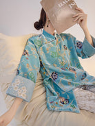 Loose-Fitting, Floral sequins embroidery, lake blue Qipao top