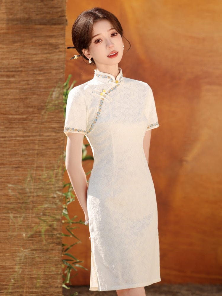 Floral pattern, beige&green short Cheongsam