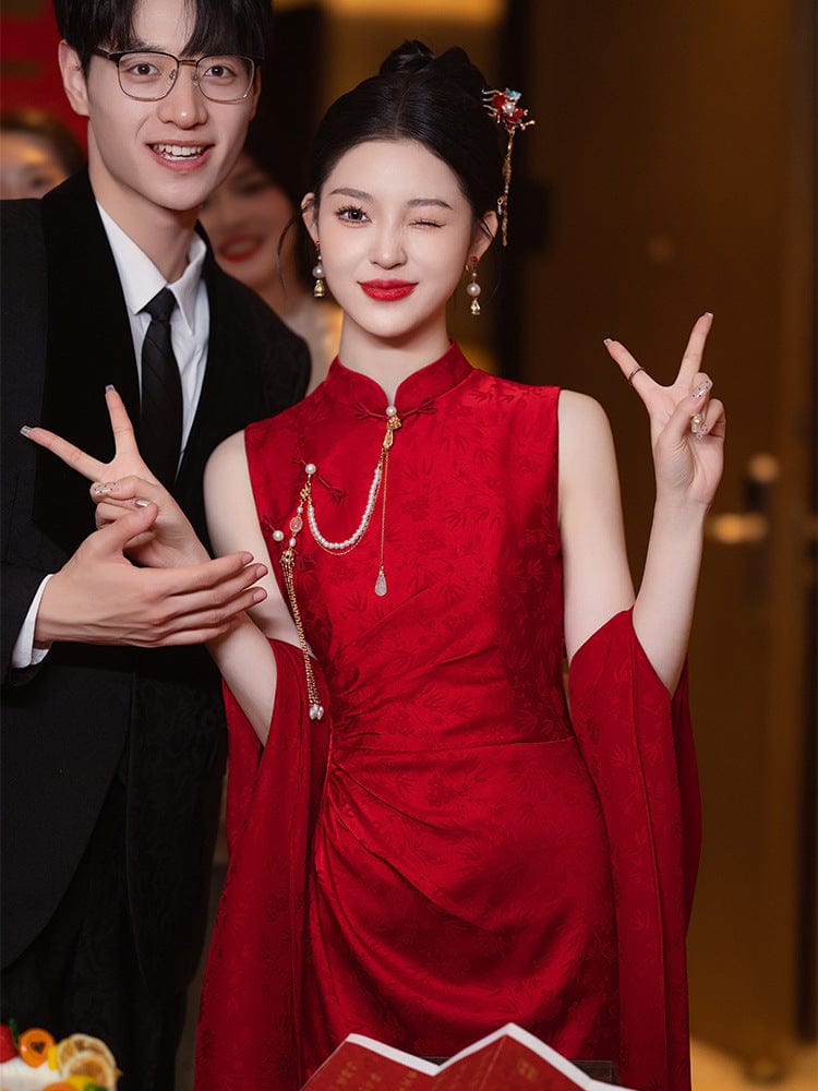New Chinese style (新中式), jacquard red midi Cheongsam