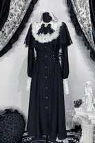 Black/White [Silent Prayer] Long Sleeves Ruffled Bow Lace-Up Gothic Jirai Kei Long Dress