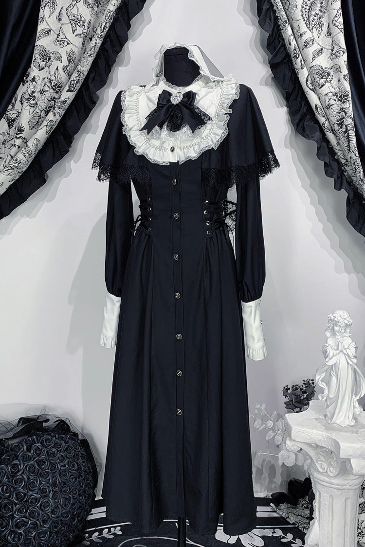 Black/White [Silent Prayer] Long Sleeves Ruffled Bow Lace-Up Gothic Jirai Kei Long Dress