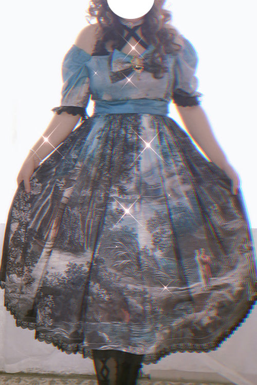 Multi-Color Square Collar Lace Short Sleeves Oil Painting Print Plus Size High Waisted Classic Lolita OP Dress