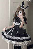 Black [Pilgrimage Rabbit] Round Collar Short Sleeves Triple-Layered Striped Printed Ruffled Bow Lace-Up Gothic Lolita Dress