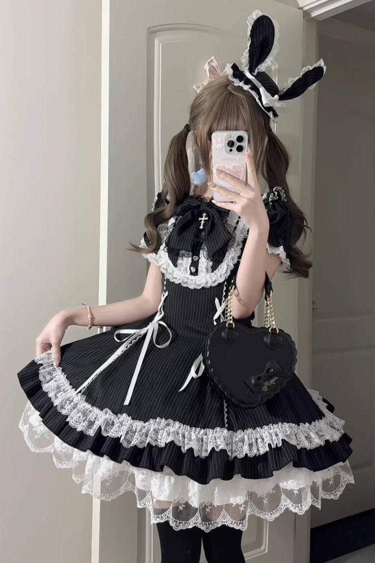 Black [Pilgrimage Rabbit] Round Collar Short Sleeves Triple-Layered Striped Printed Ruffled Bow Lace-Up Gothic Lolita Dress