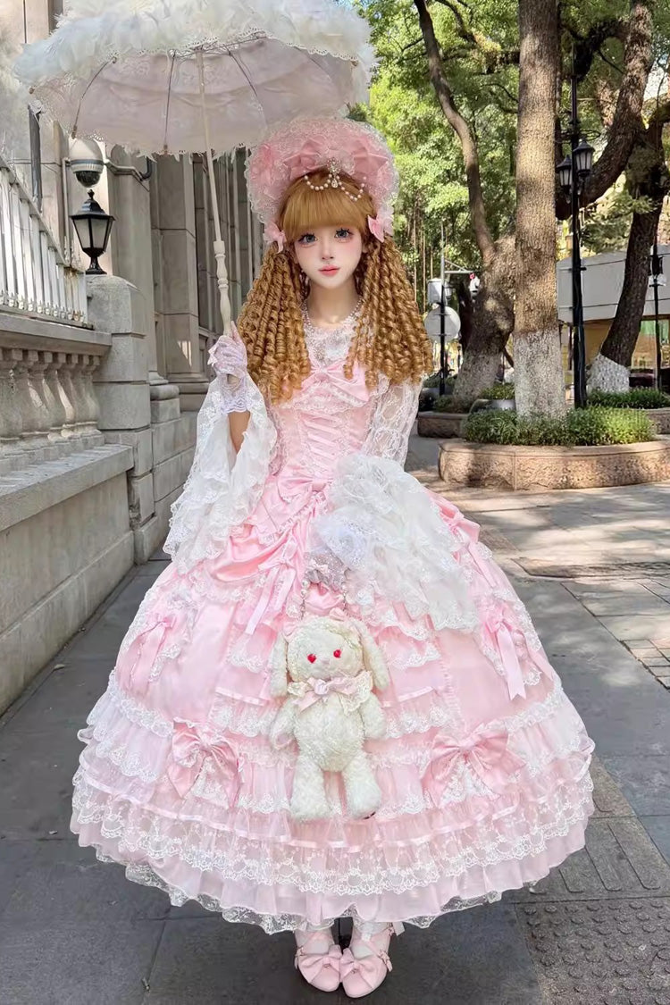 Pink [Ode of the Curtain] Multi-Layered Ruffled Hanayome Open-Front Bow Lace Lace-Up Sweet Long Lolita Jsk Dress