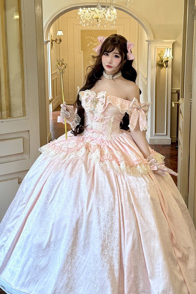 Pink [White Moonlight Lover] Romantic Commemorative Ceremony Sleeveless Ruffled Bow Lace Lace-Up Sweet Elegant Lolita Strapless Dress