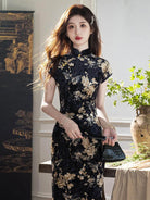 Black and Gold Qipao with vintage velvet short sleeves and slim fit design