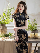 Black and Gold Qipao with vintage velvet short sleeves and slim fit design