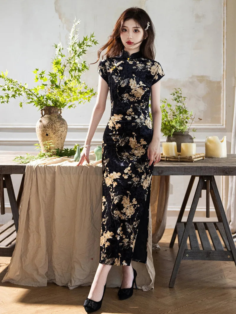 Black and Gold Qipao with vintage velvet short sleeves and slim fit design