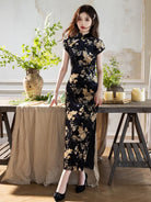 Black and Gold Qipao with vintage velvet short sleeves and slim fit design
