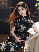 Black and Gold Qipao with vintage velvet short sleeves and slim fit design